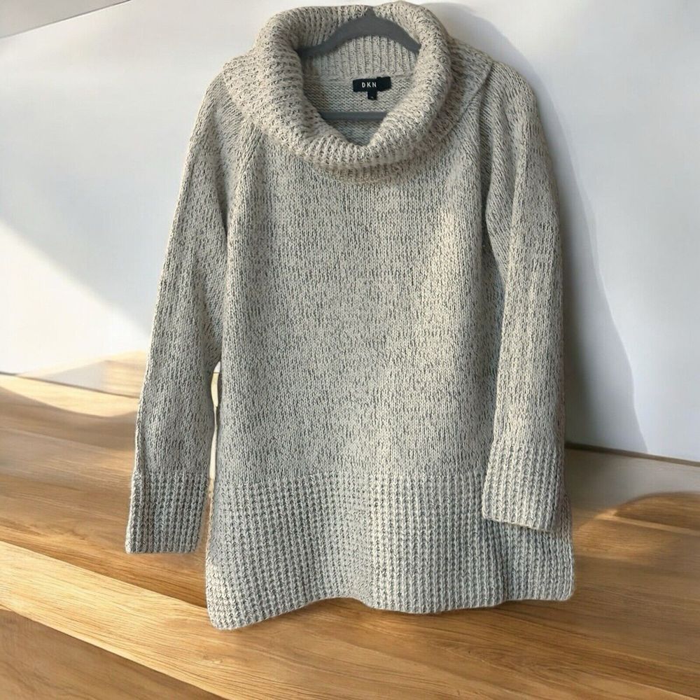 DKNY Sweater Women's Large Gray Knit Acrylic Long Sleeve Cowl Neck Slit Pullover